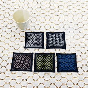 Sashiko kit Glassbrikker, vrangsydd, 5 stk, Sashiko Coaster Kit, (Olympus)